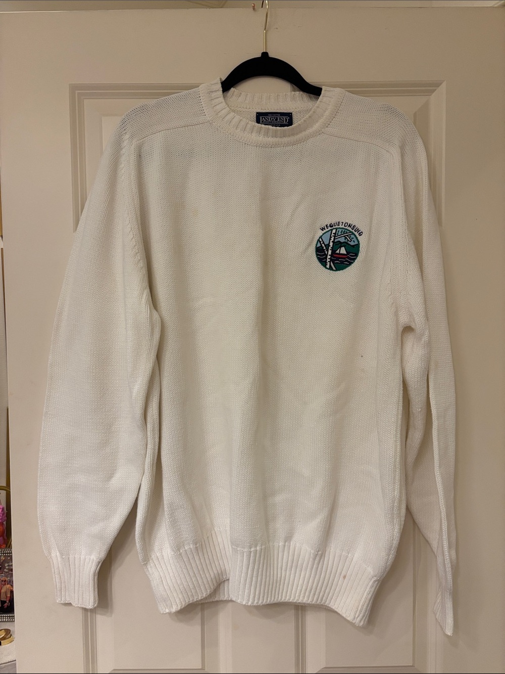 Lands' End White Crewneck Sweater with Green & Blue Nautical Patch